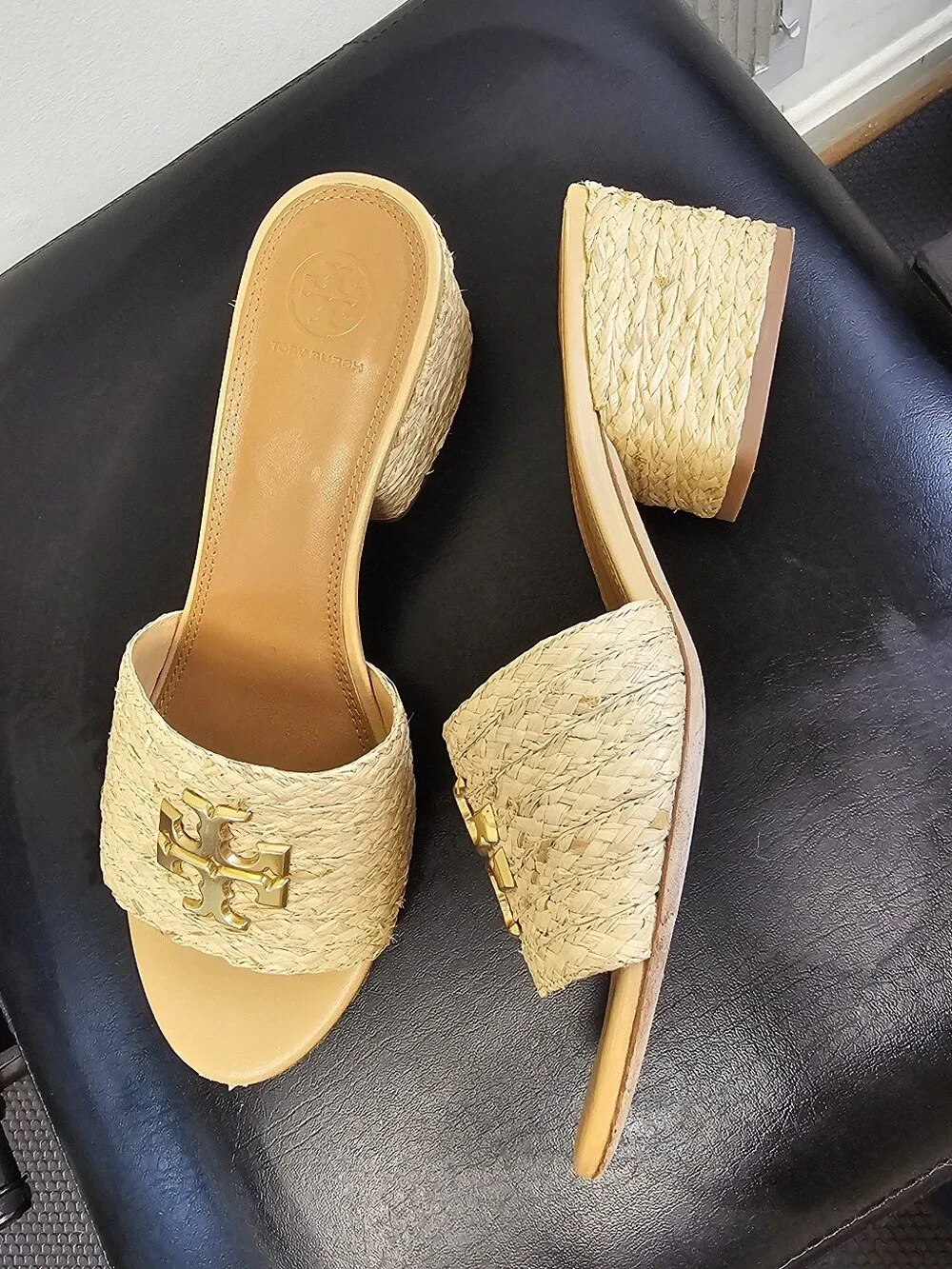 Tory Burch Everly Raffia Block Sandal Slides - Size 9.5